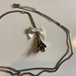Eiffel Tower Bow Long Silver Necklace